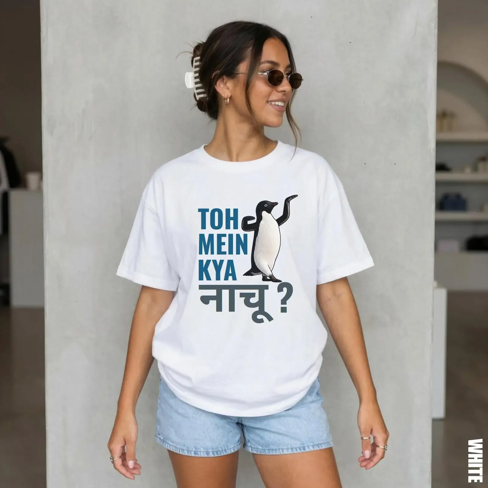 Toh Mein Kya Nachu Penguin T Shirt Funny Hindi Desi Sarcastic Indian Humor  vintage Washed Versatile homme Casual Comfortable