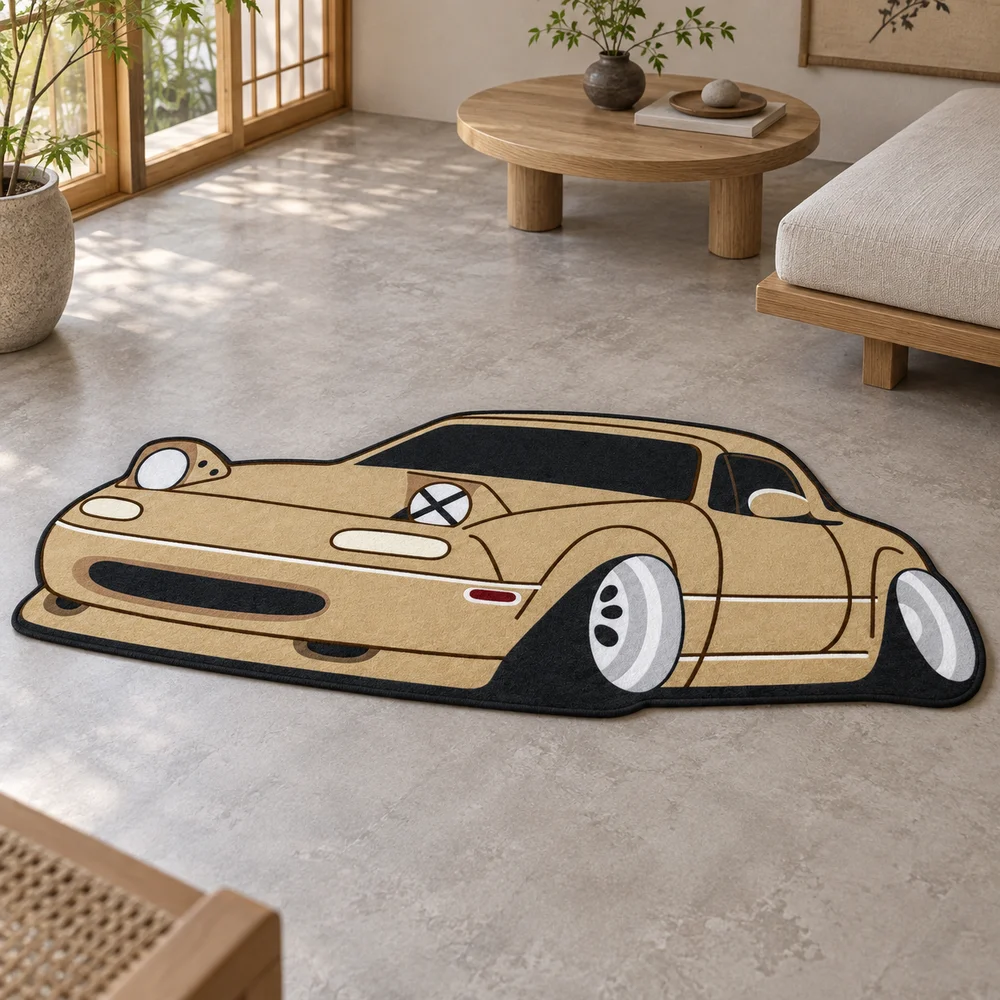 Tan Roadster Shaped Rug Retro Sports Car Floor Mat for Garage Game Room Bedroom Living Room Dorm Auto Fan Home Decor Gift Idea