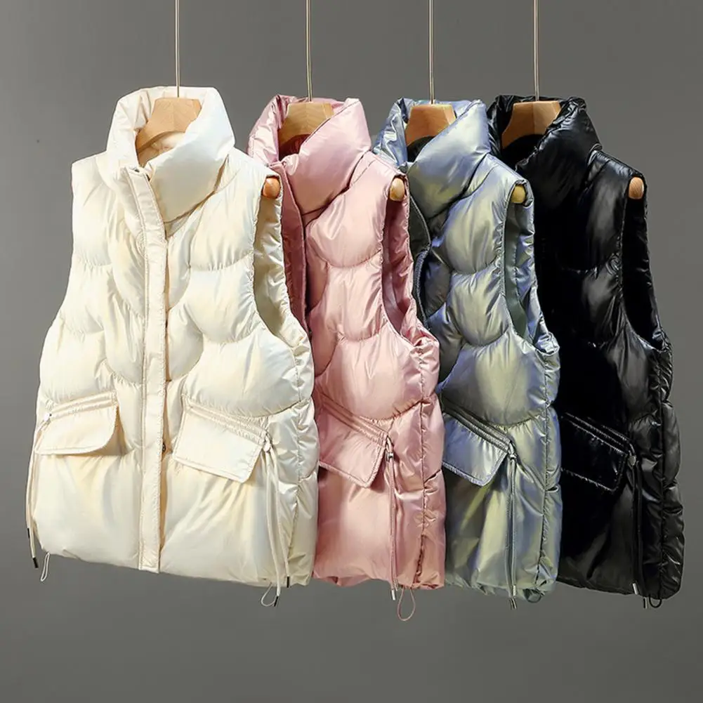 Dames Katoenen Vest Opstaande Kraag Gewatteerde Flap Pocket Dik Mouwloos Warm Oppervlak Dames Wintervest Vrouwelijke Kleding