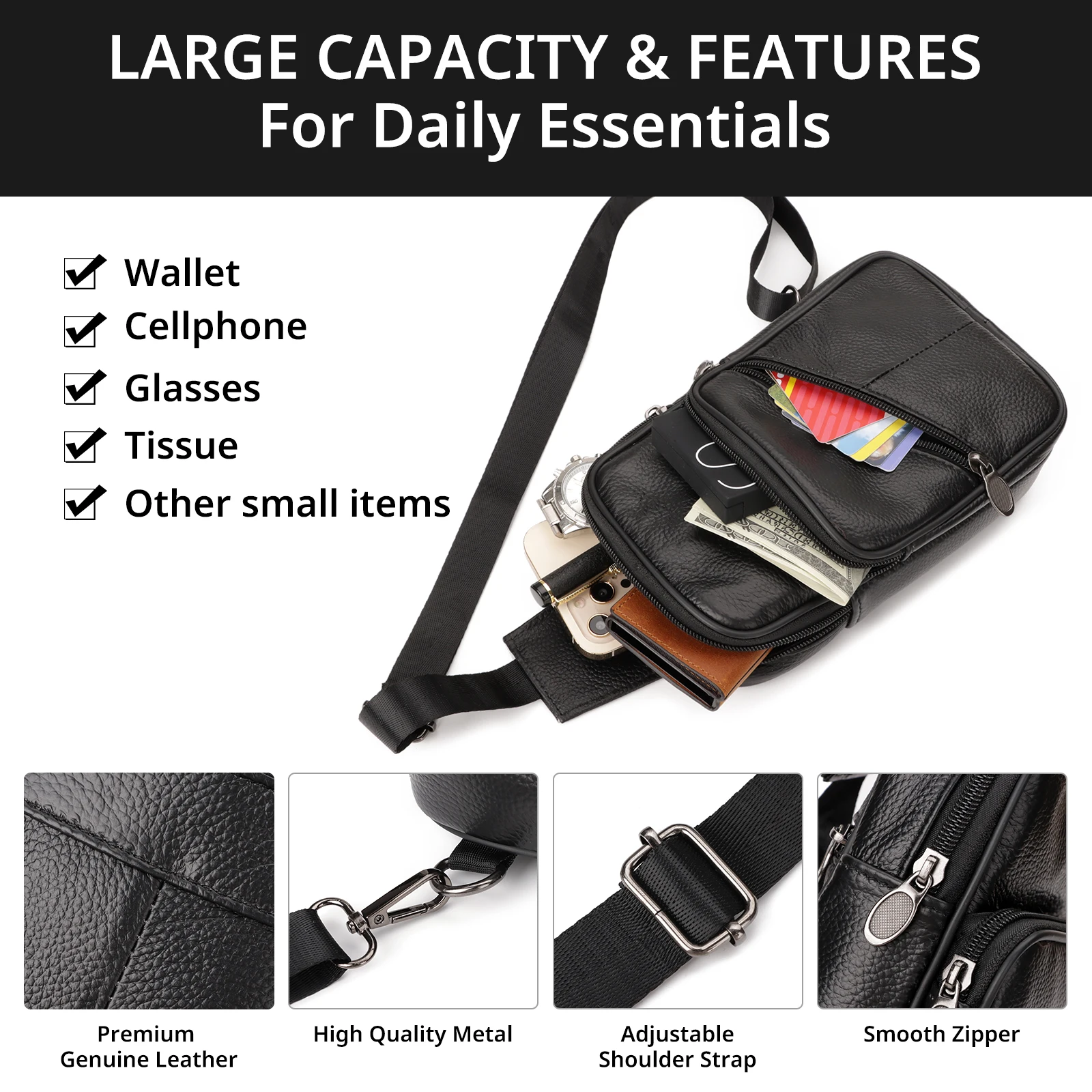 Genuine Leather Crossbody Sling Bag for Men and Women Small Fanny Pack Purses Chest Bag Travel Backpack Daypack image 3