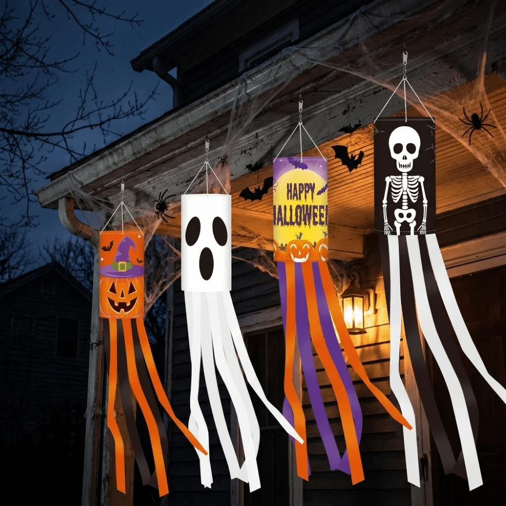 Pumpkin Ghost Pattern Halloween Wind Flag Hanging Ribbon Festival Wind Vane Wind Tube Flag Spooky Garden Flag