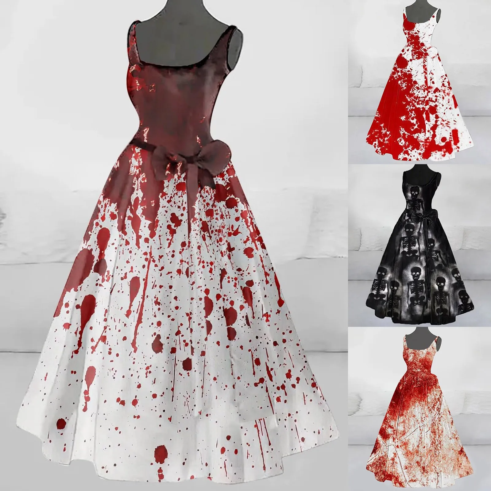 Halloween Scary Costumes Prom Dress For Women Bloody Print Flared Puffy Sleeveless Tunic Cocktail Dress Wedding Guest Dresses