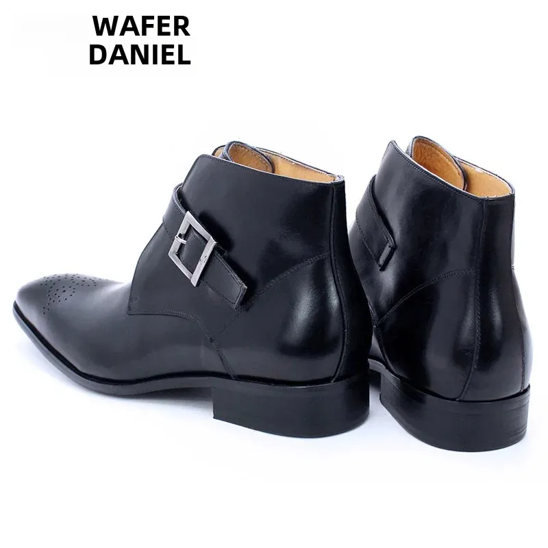 Luxury Men\'s Genuine Leather Ankle Boots Black/Blue Pointed Toe Slip-On Dress Shoes with Buckle Strap Casual Basic Style