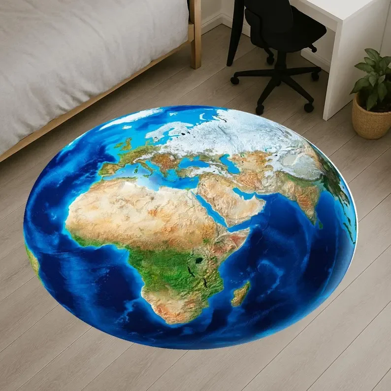 Earth Globe Round Rug Planet World Map Modern Home Flower Bird Anti Slip Door Mat Living Room Bedroom Kitchen Decoration Carpet