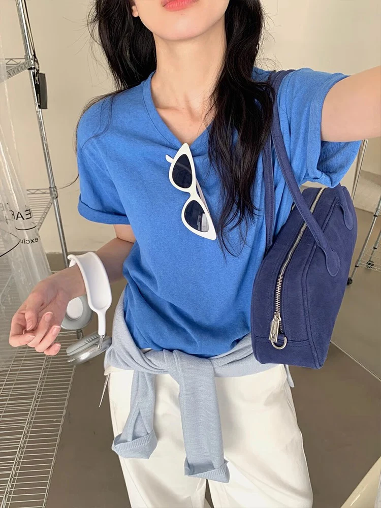 

Women Summer Loose Slimming Top Fashionable Casual Dopamine Blue Crew Neck Versatile Commute Short Sleeve T-Shirt