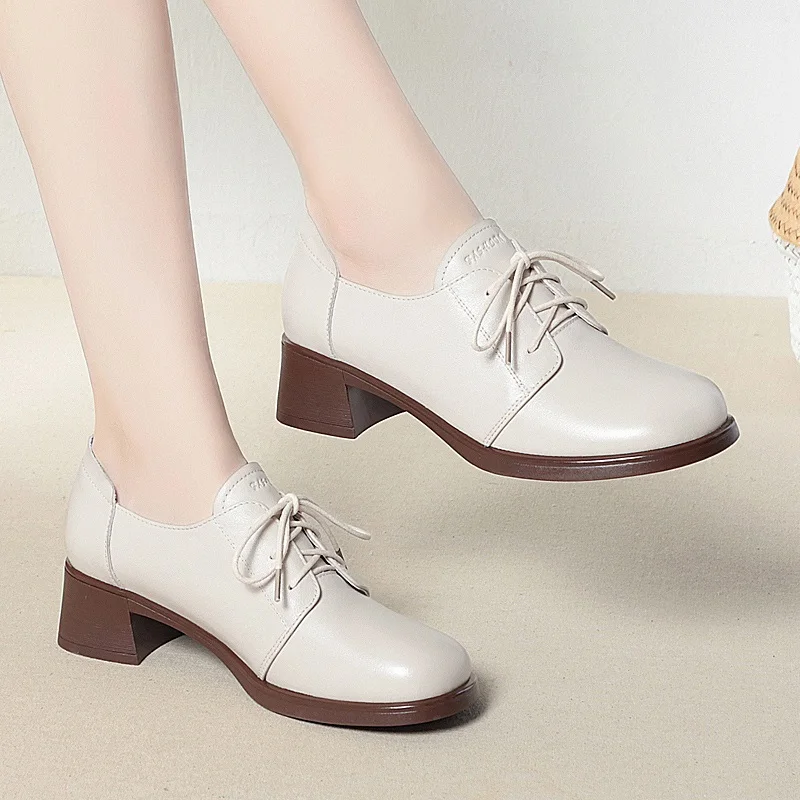 DRKANOL Women Genuine Leather Shoes Lace-Up Round Toe Soft Bottom Thick Heel Leisure Pumps Solid Color Office Shoes Big Size 42