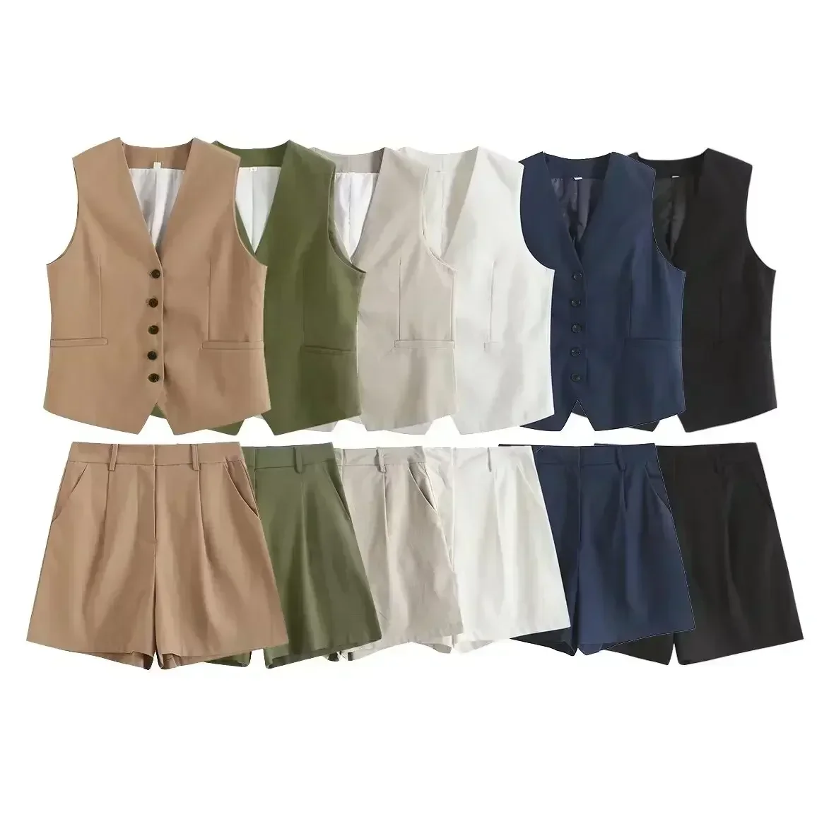 

set woman 2 pieces New Fashion Pocket decoration Casual V Neck Button-up Vest Vintage Sleeveless Female + shorts Women's suit