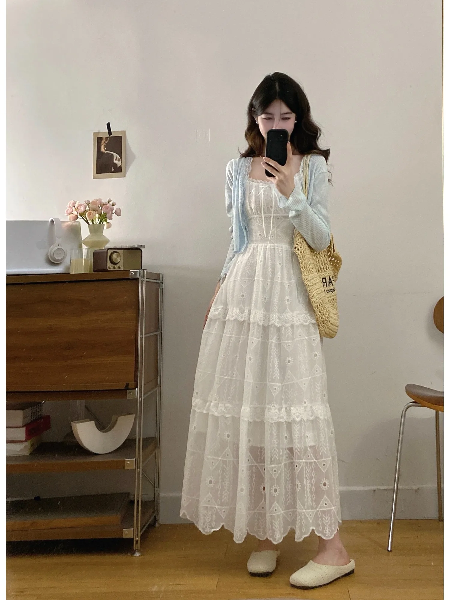

plus Size Women's Gentle Style Knitted Lace Trim Set Summer New Arrival Long Sleeve Mid-Length Dress with Cardigan Two-Piece Set