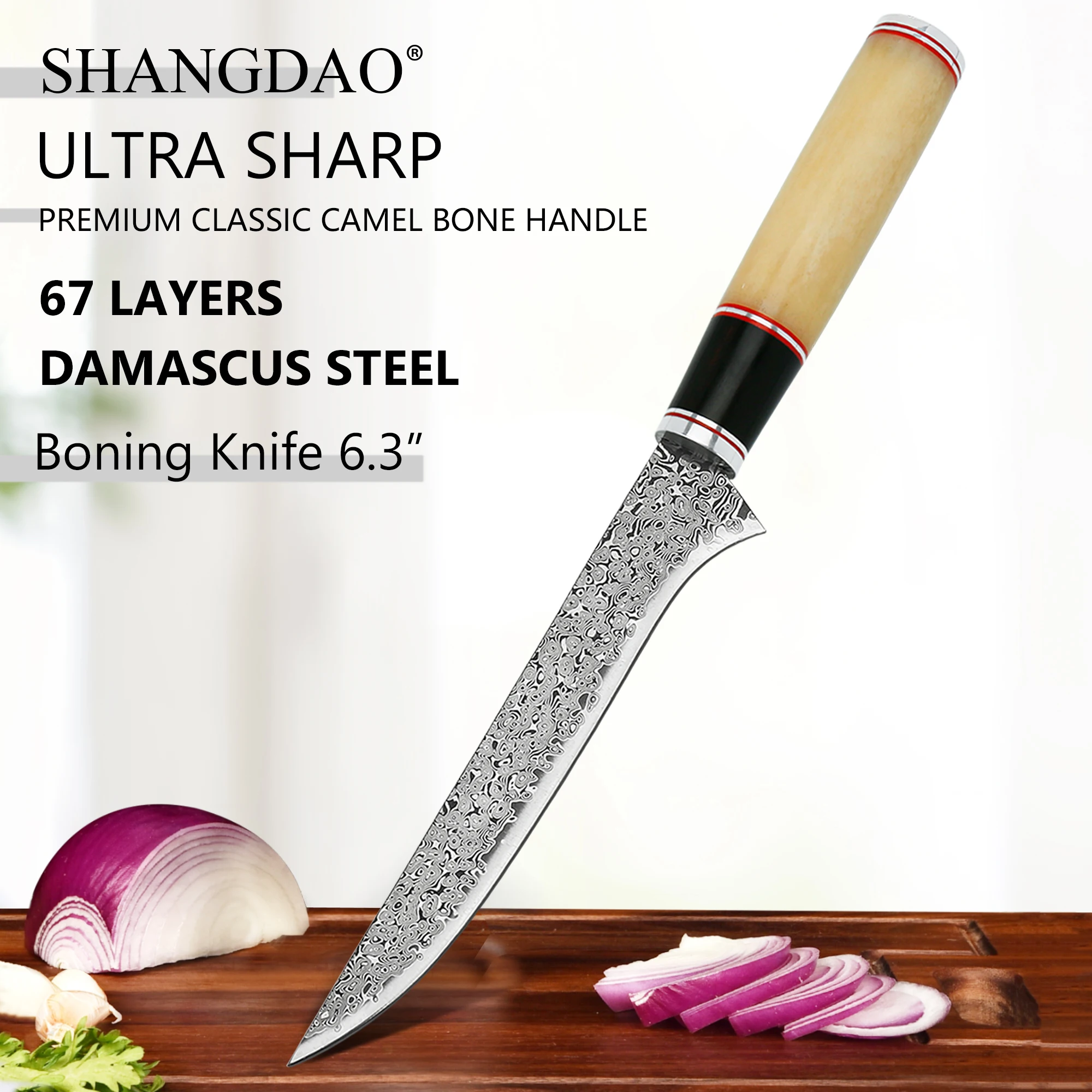 SHANGDAO 6.3 Inch Damascus Boning Knife, Solid Forged Steel Blade, Humanized Natural Camel Bone Handle, Versatile Cutting Tool