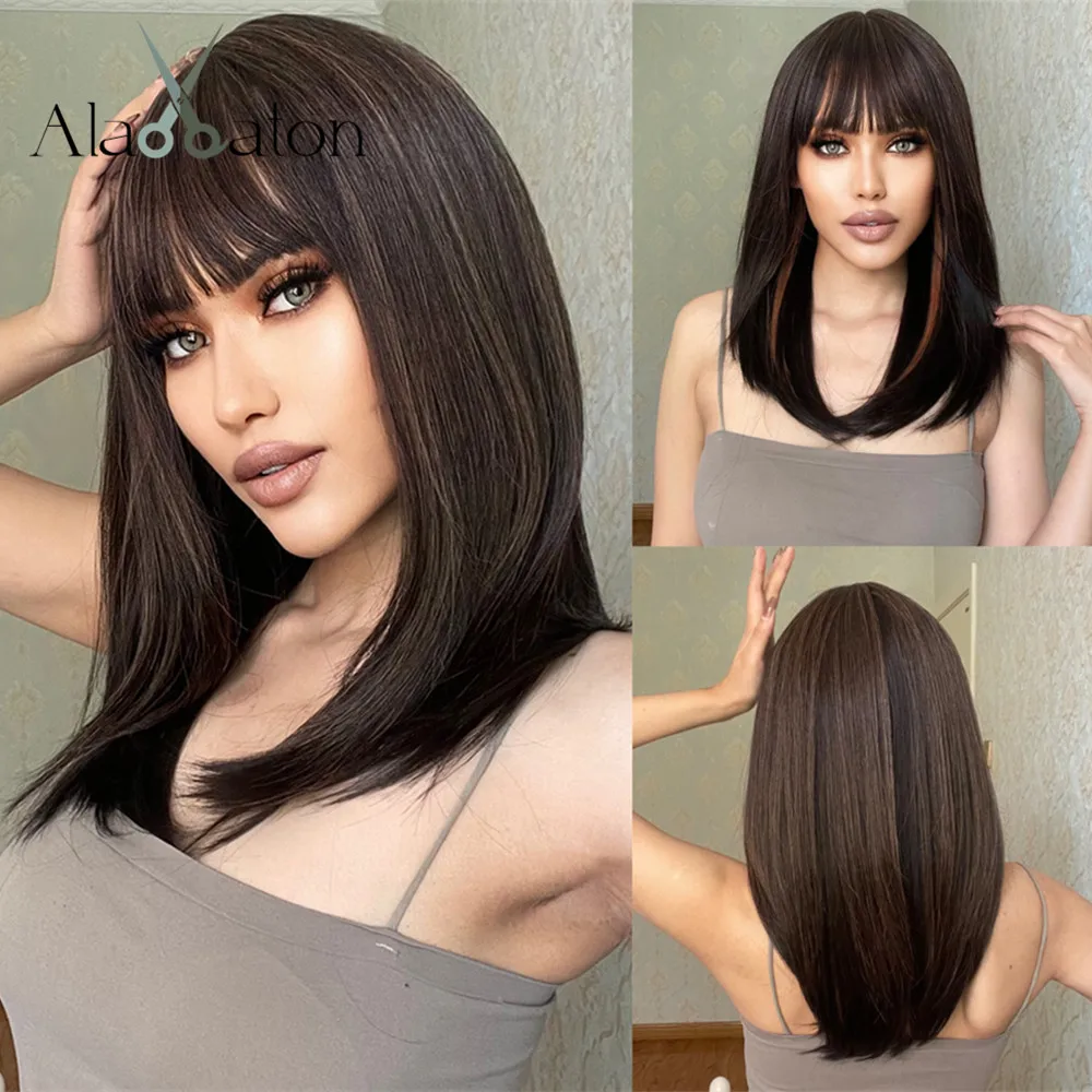 ALAN EATON Medium Length Dark Brown Highlight Straight Wig Synthetic Hair Wigs with Bangs for Women Natural Daily Party Hair Wig