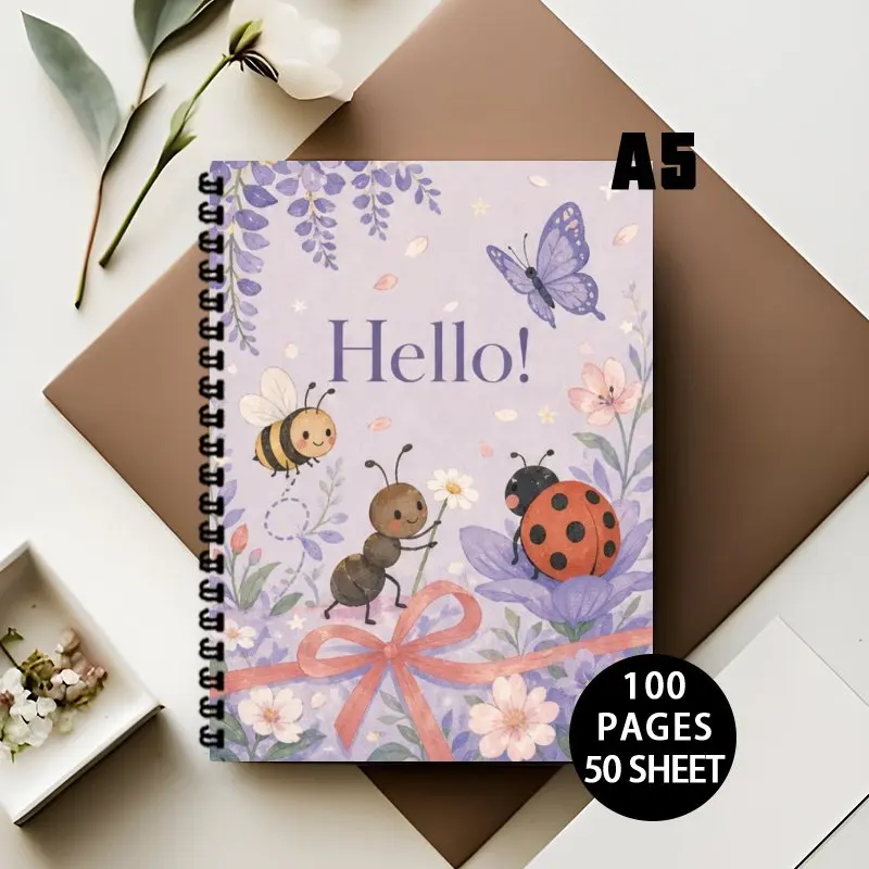 A5 Spiral Notebook, Lavender Floral Insect Bee Butterfly Ladybug Pattern Journaling for Work Planner, Meeting Notes, To Do List