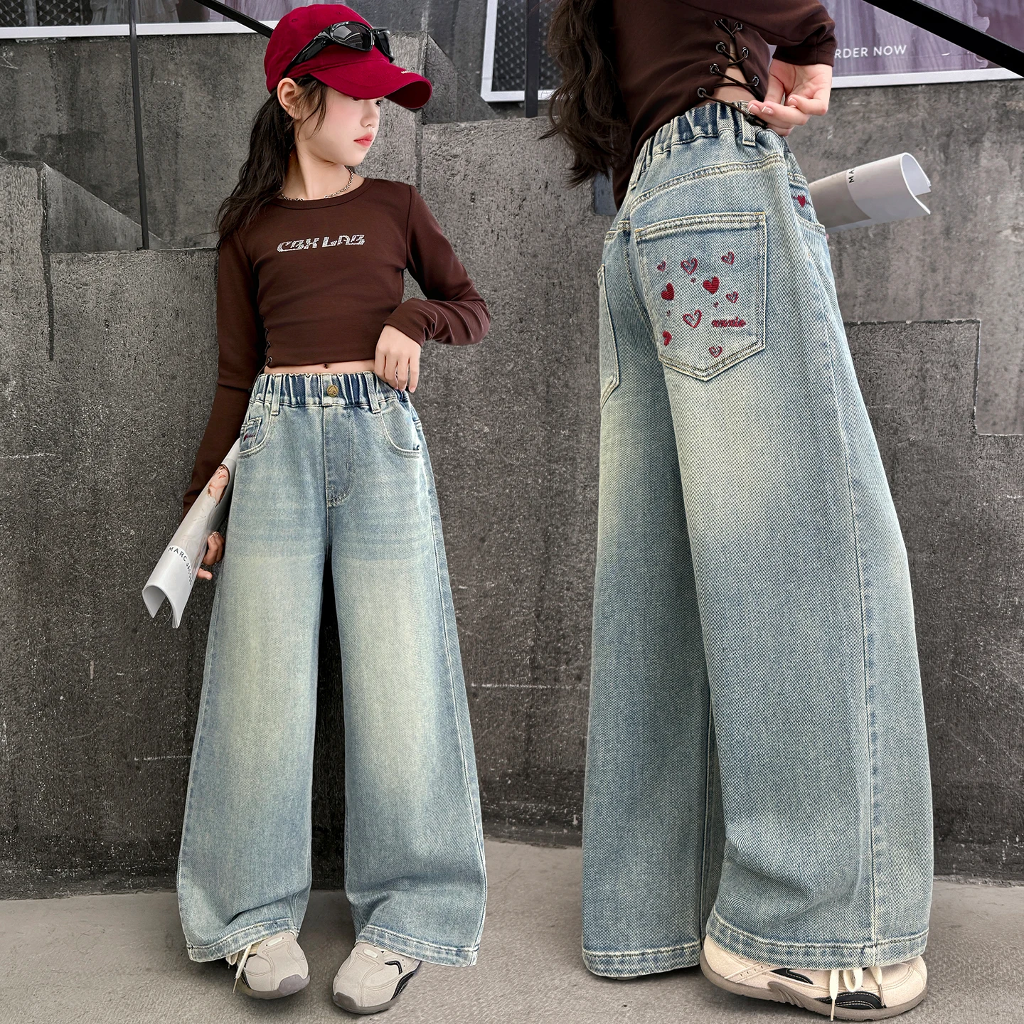 

Fashion Girls Straight Fit Distressed Jeans with Heart Pocket Kids Children Spring Autumn Blue Denim Pants Loose Casual Trousers