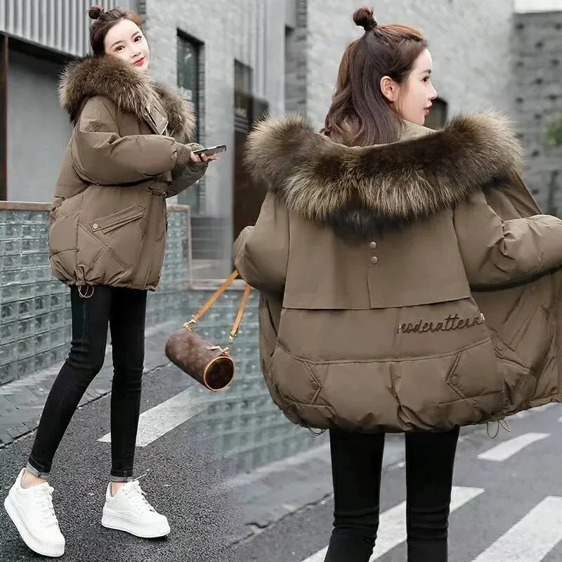 

Female Parker 2025 Winter Clothing New Korean Edition Loose Thick Warm Cotton Workwear Jacket Women's Big fur collar Hooded Coat