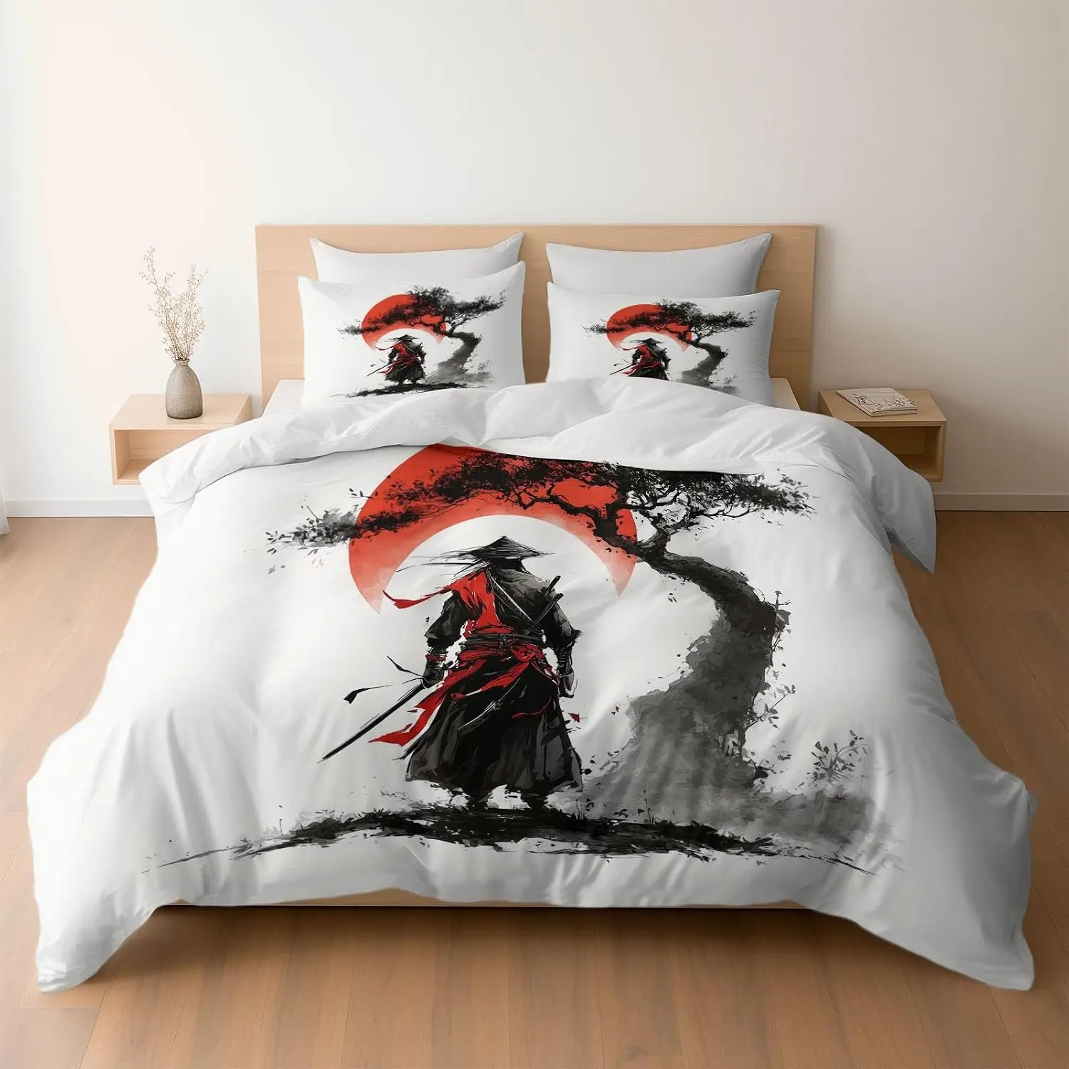 White Reversible Duvet Covers Cot Bed With 1 Pillowcase Anime Style Japanese Samurai Quilt Cover