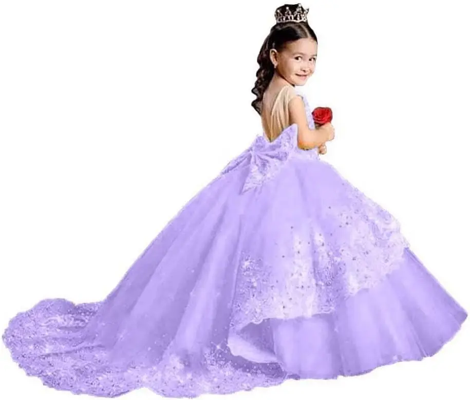 Vestidos de niña de flores para boda, apliques de lentejuelas, vestidos de desfile para niña, vestido Formal de encaje con vestido de niña Trian