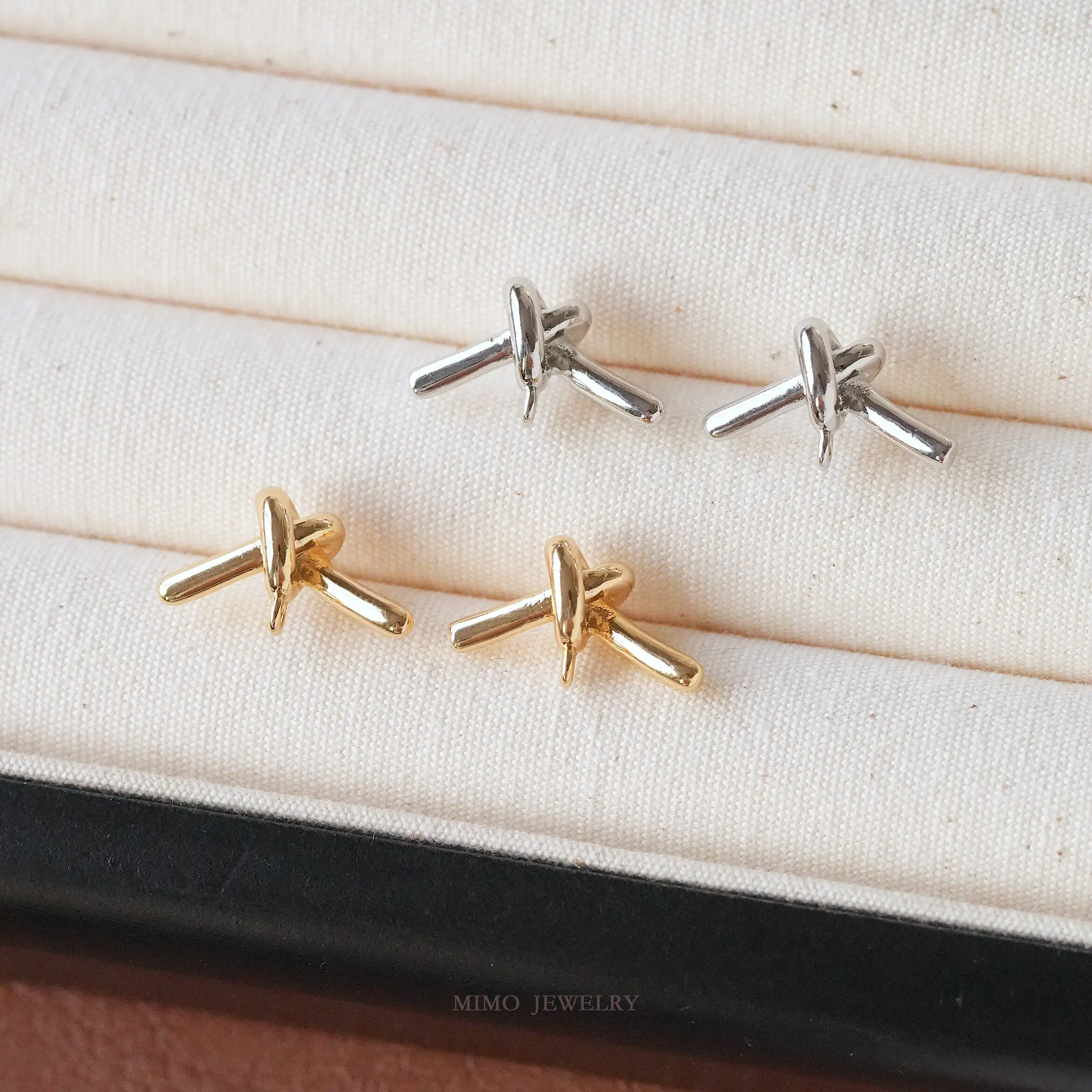 Copper Plated Real Gold Simple Smooth Surface Horizontal Knot 925 Silver Needle Stud Earrings DIY Handmade Accessories