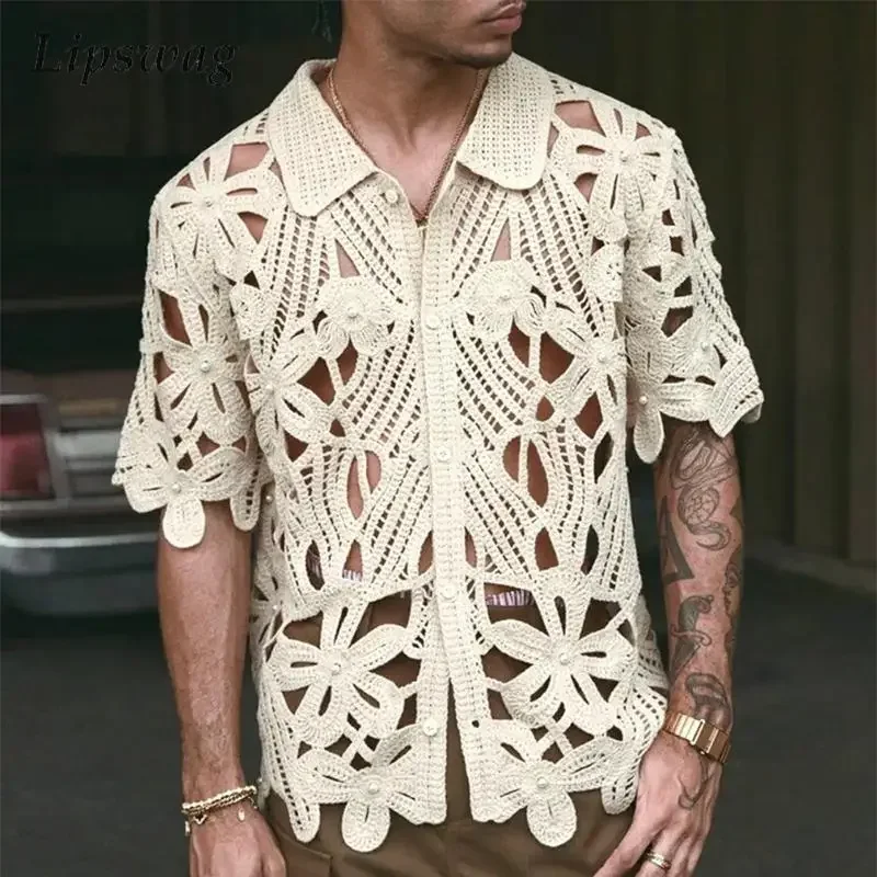 Sexy See Through Hollow Out Shirts Men Knitted Short Sleeve Button-up Lapel Cardigan Tops Men's Summer Vintage Embroidery Shirt