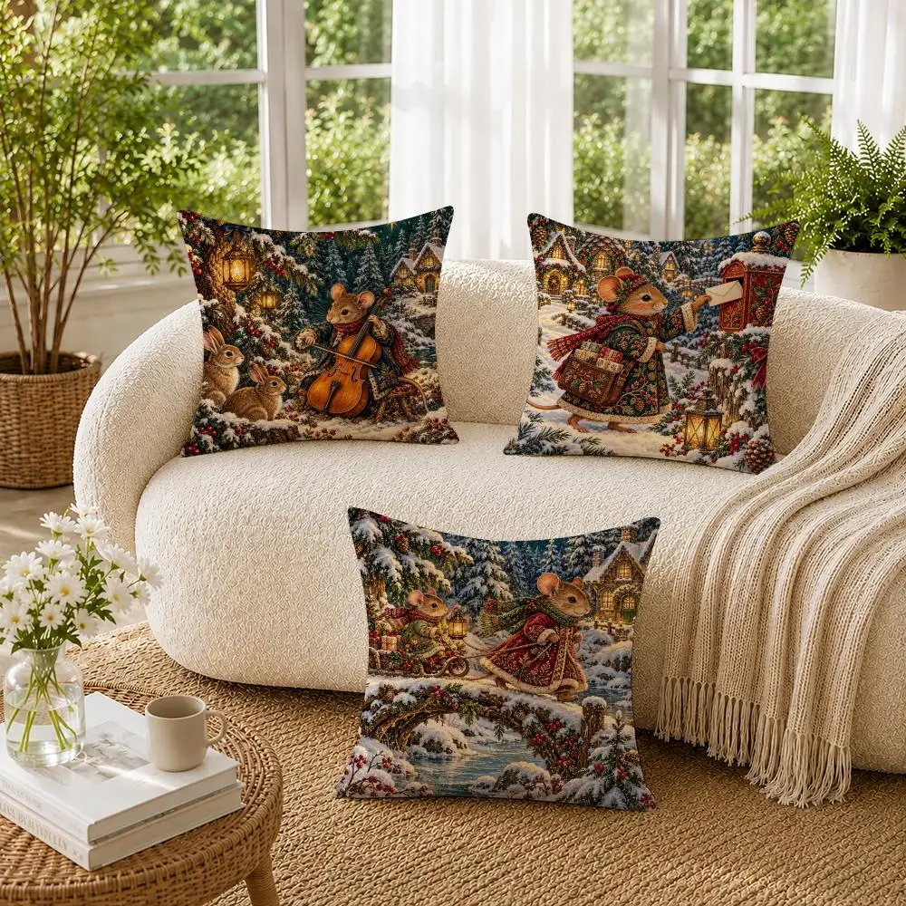 Woodland Christmas Mouse Cushion Cover Soft Short Plush Pillow Cases Hidden Zipper Cutecore Sofa Bedroom Home Decor Gift