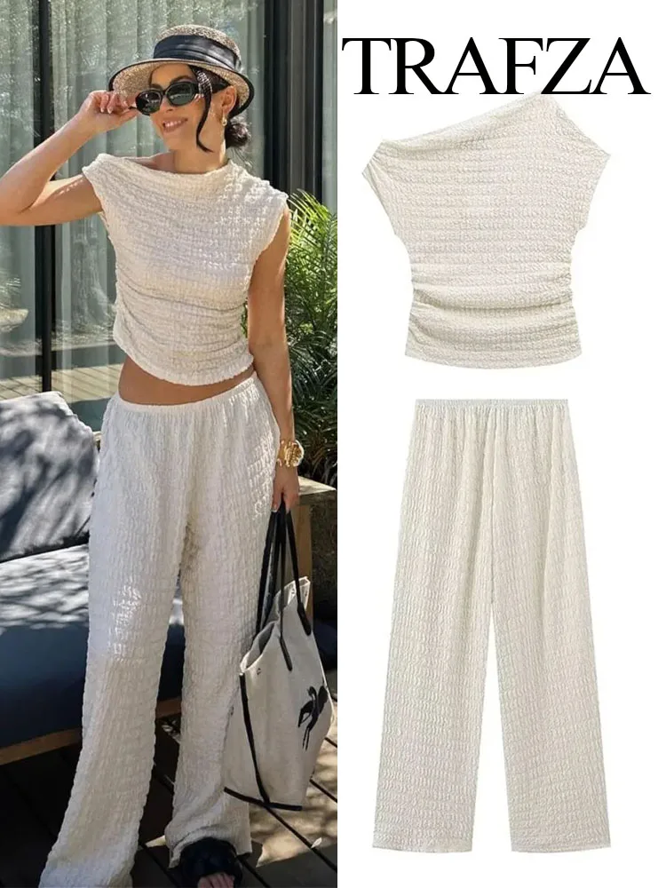 TRAFZA Women Fashion Suit Solid Skew Collar Sleeveless Tops+Mid Waist Elastic Waist Wide Leg Pants Female Summer Chic Set Traf