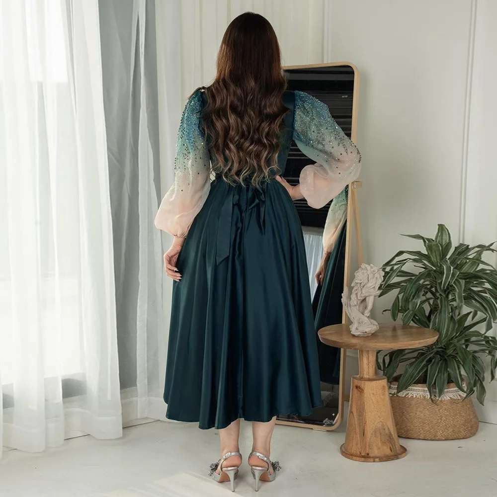 Elegante abito da sera da donna musulmana Abiti sfumati con maniche a sbuffo alla moda Abito da festa con lacci con colletto alla coreana Abaya con diamanti glitterati