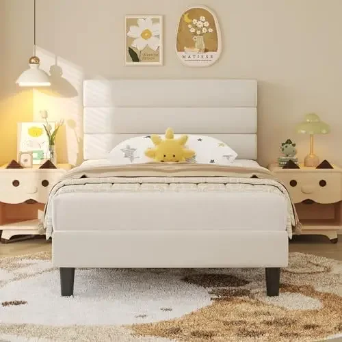 Twin Bed Frame, Platform Bed Frame with Velvet Upholstered Headboard, No Box Spring Needed, Sturdy Metal Support, Noise