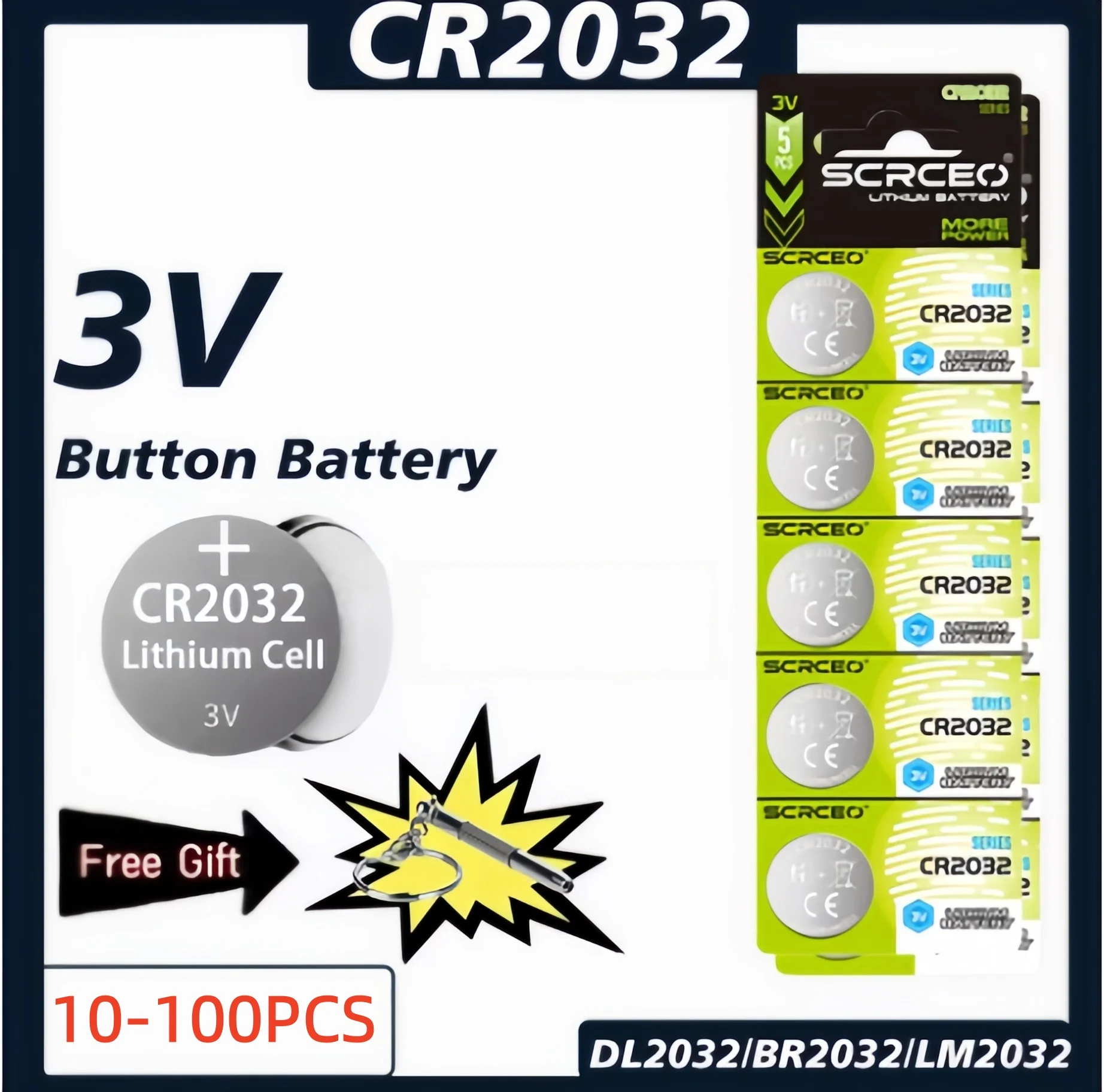 10-100PCS CR2032 Coin Cell Battery 3V Compatible with BR2032/ECR2032  For Car Key Fob Scale Thermometer Watch Toy Fresh Stock