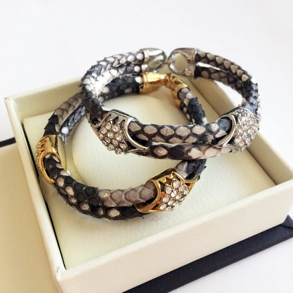 Python Skin Leather Bangle Real Python Skin Leather With Steel CZ Bracelet
