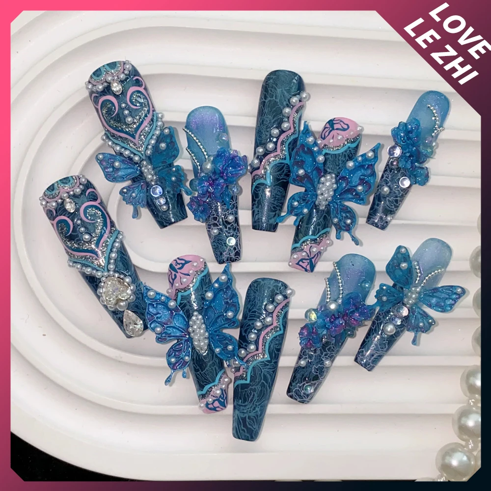 

10Pcs High-End Blue Series Long Coffin Handmade Detachable Press On Nails Light Luxury Pearl Diamond Butterfly Full Cover Nails