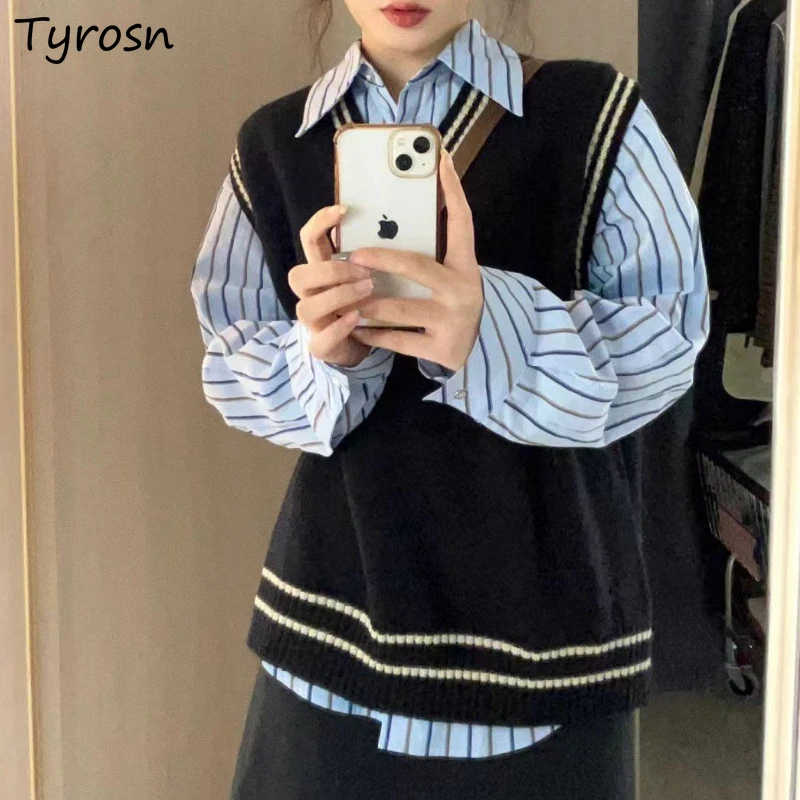 

2 Pcs Sets Women Black Vests Gentle Ulzzang Boyfriend Sweet Loose Preppy Style Autumn Striped Long-sleeve Shirts Daily Outfits