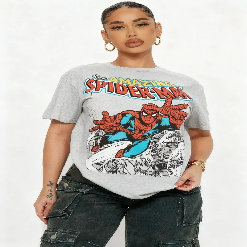 เสื้อยืดคู่รักลายการ์ตูนดิสนีย์ สไปเดอร์แมน&สไปเดอร์โกสต์สำหรับผู้หญิงผู้ชายแขนสั้นผ้าฝ้าย 100% เสื้อยืดลำลองแฟชั่นท็อปส์