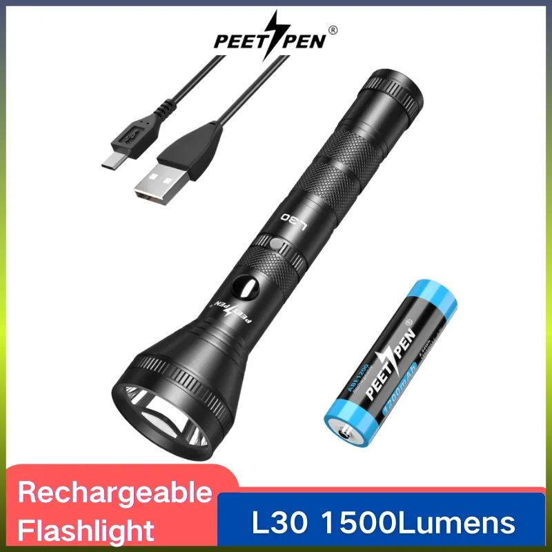 PEETPEN L30 LED Flashlight USB Rechargeable Torch 1200 Lumens Waterproof Side Switch Flashlight Outdoor Light for Camping