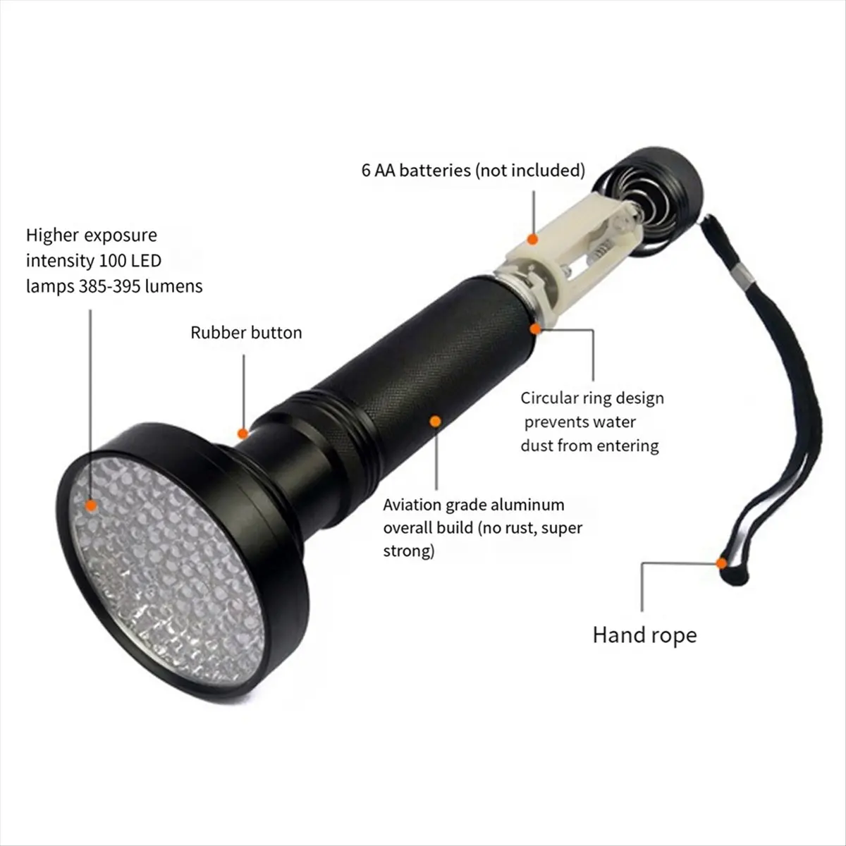 T34C 100 LED Ultraviolet Light 100 LED UV Flashlight Outdoor Waterproof Aluminum Dry Lamp, Detection of Currency/Urine Stains