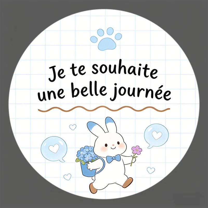 

Round Stickers - Grid Bunny & Hydrangea Design with Paw Print & Heart Elements for Gift Boxes, Food Packaging & Gift Bag Decor