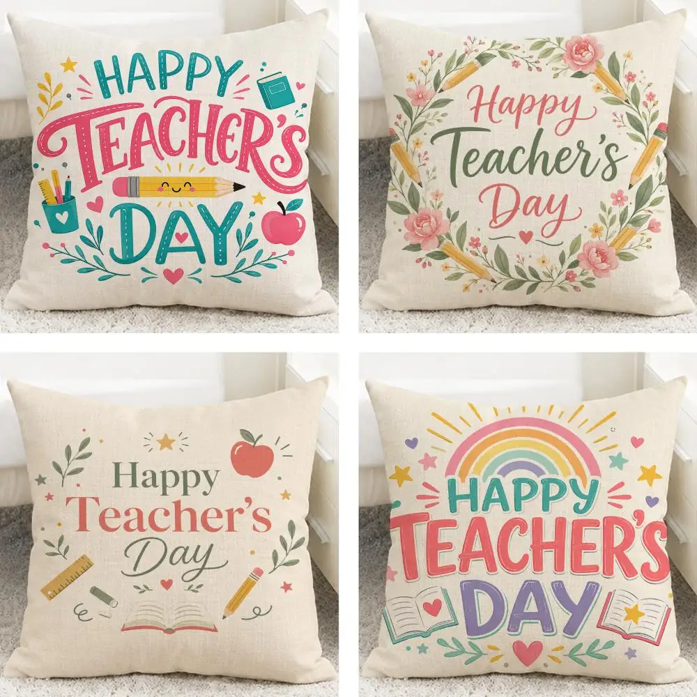 Holiday Theme Teachers day Cushion Cover Cushion Covers Natural Linen Breathable Sofa Bedroom Decor Pillowcase