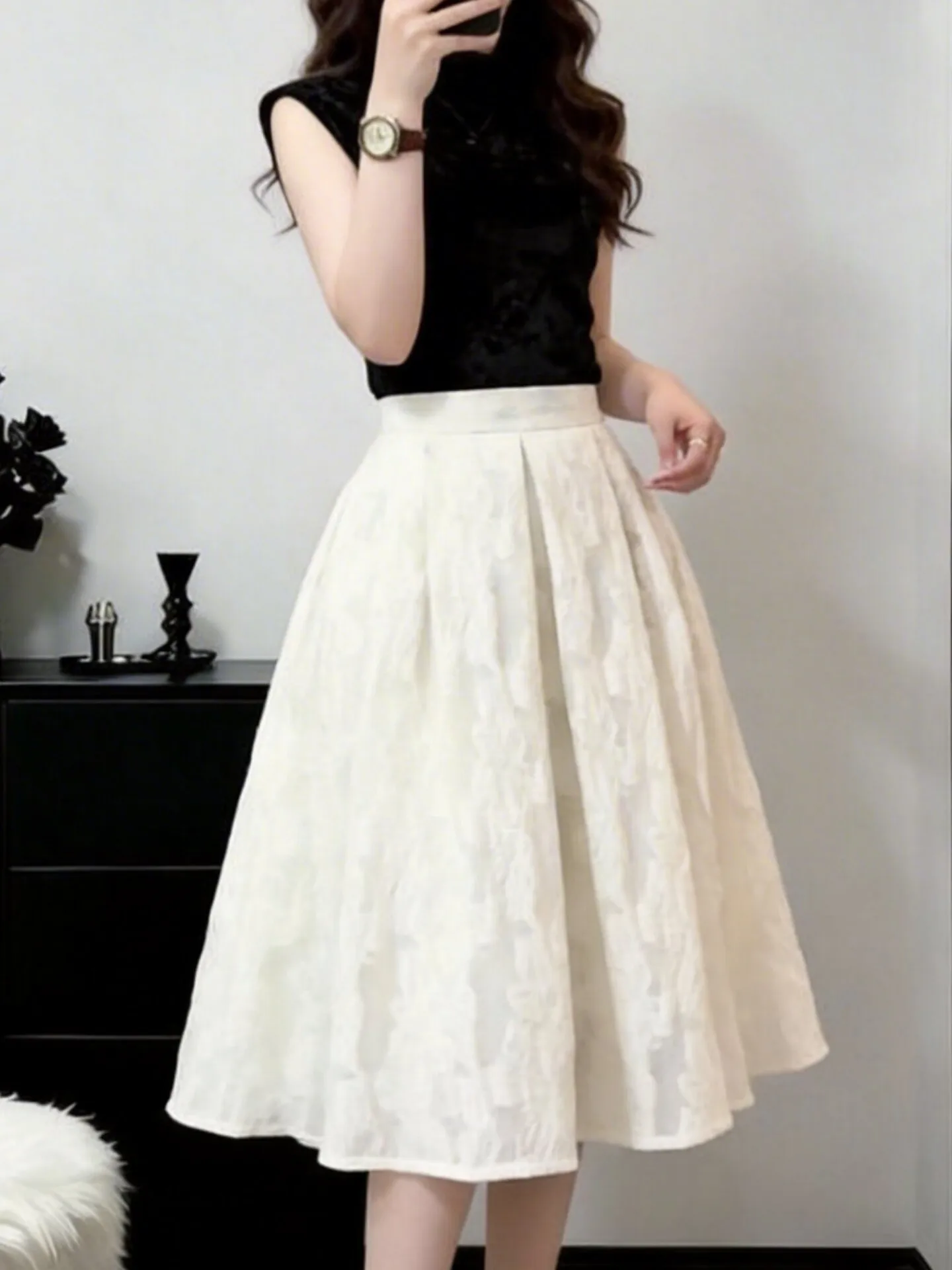 2026 New Spring Summer All-match High Waist A-line Skirt Elegant Jacquard Organza Puff Skirt Dating and Shopping Fairy Skirts