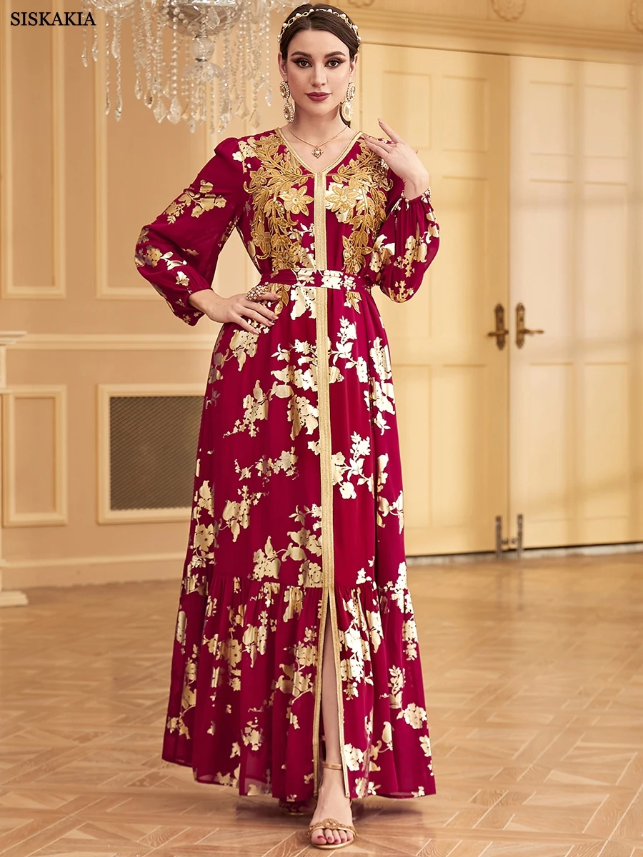 Siskakia Red Evening Party Dubai Elegant Gown For Women Appliques Sequin Belted Dress V-Neck Gold Stamping Abaya Moroccan Kaftan