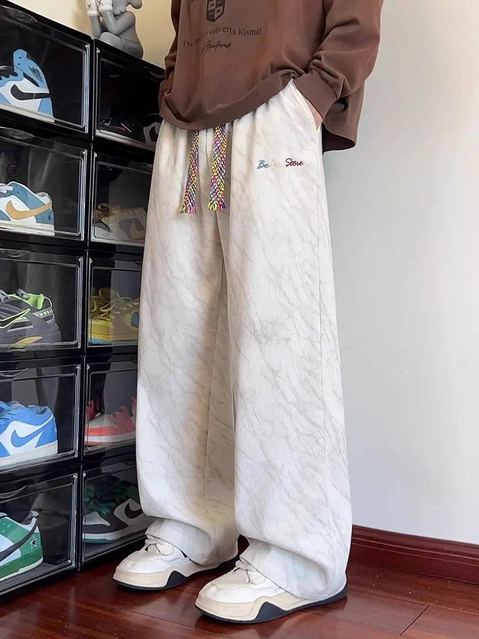 Black Tie Dye Embroidered Casual Pants For Men Casual Loose Straight Leg Trousers High Waist Pantts