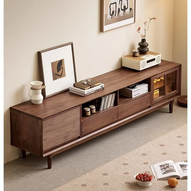 black walnut TV cabinet Nordic simple all-solid wood TV cabinet Household multi-functional living room floor cabinet