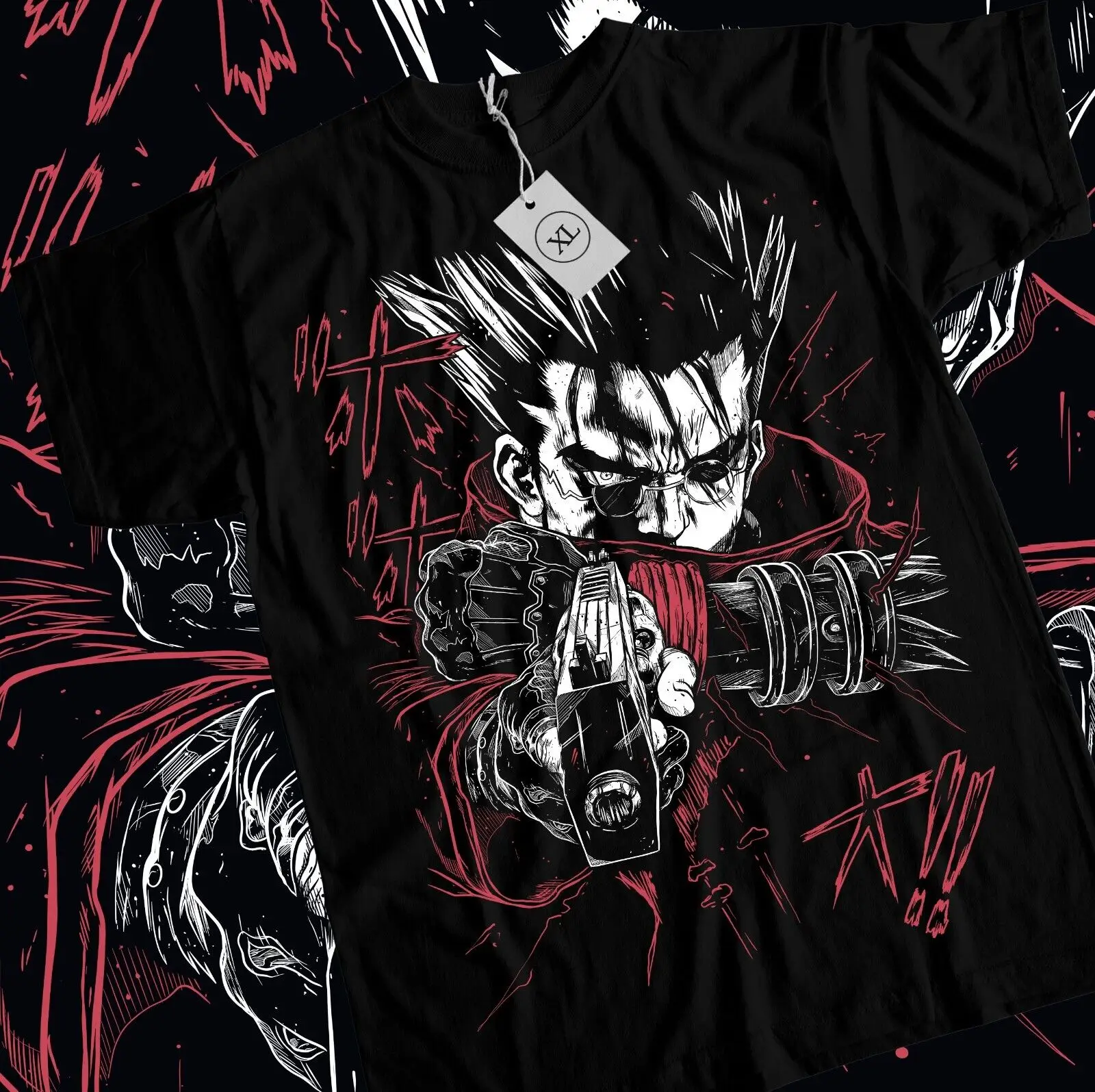 Trigun-Camiseta de Vash The Stampede Moon, divertida comedia, Anime, Manga, regalo, camisa negra