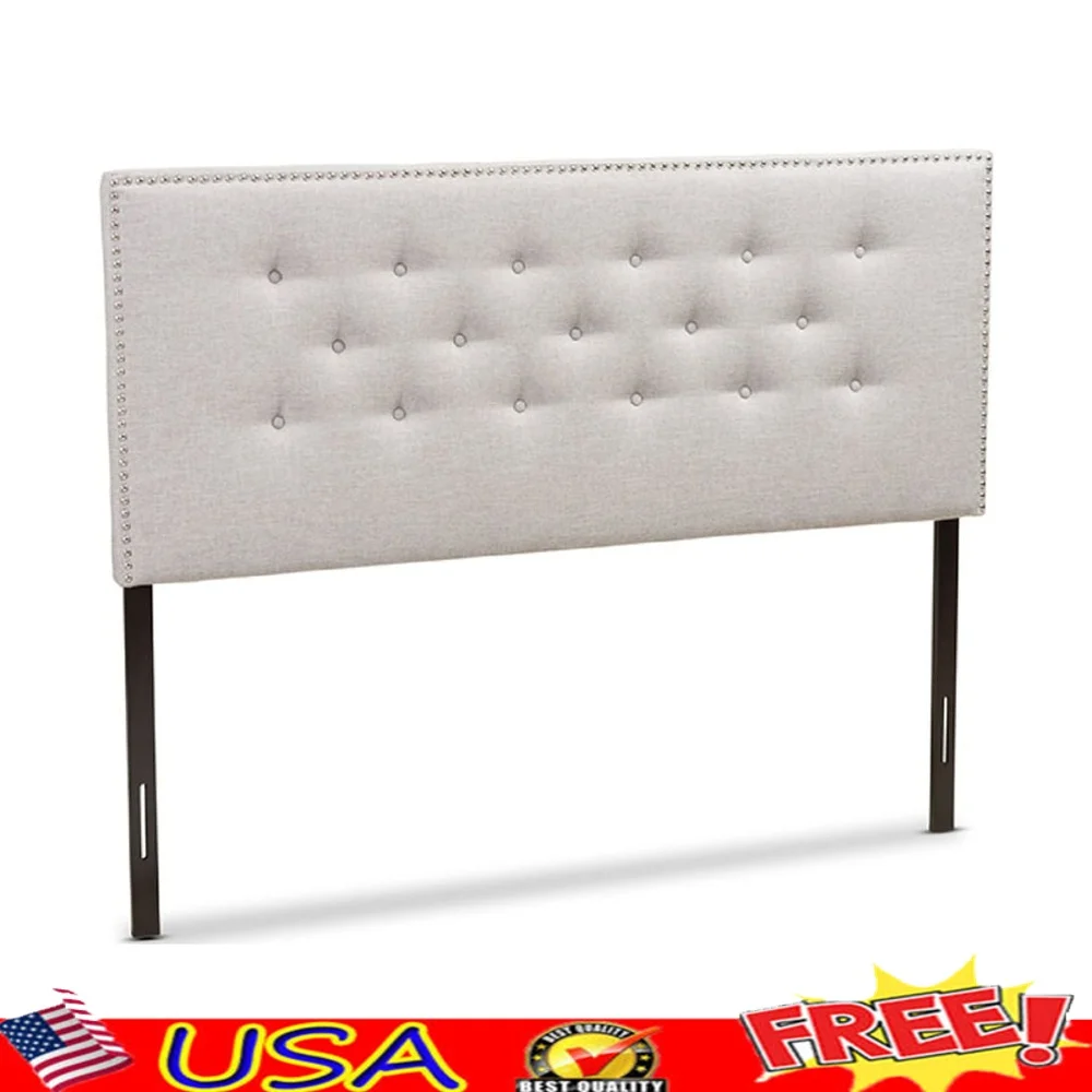 

Modern Upholstered Full Size Headboard Greyish Beige Fabric Button Tufted Design Rubberwood MDF Adjustable Assembly Required