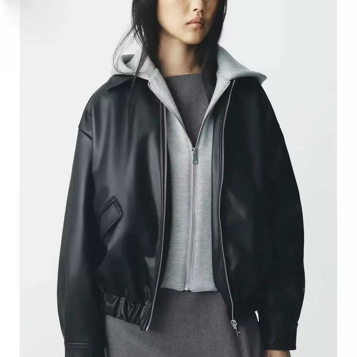 Faionable ZR Sle épissé effet cuir Jaet manteau pour femmes rue Sle chaleur longue fermeture à glissière avec chapeau