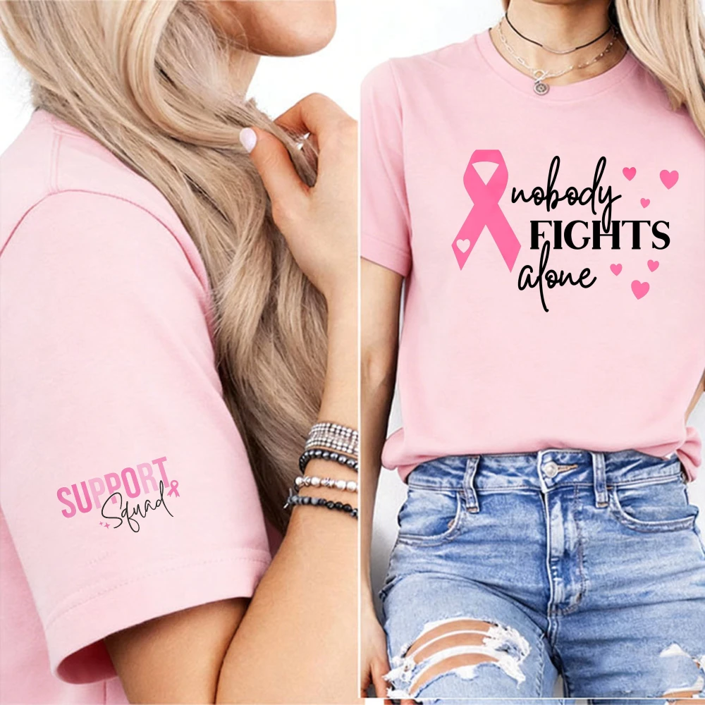 Nobody Fights Alone Pink Ribbon T-Shirt Support Squad Cuff Print Breast Cancer Support Short Sleeve Casual Fashion Summer Tees