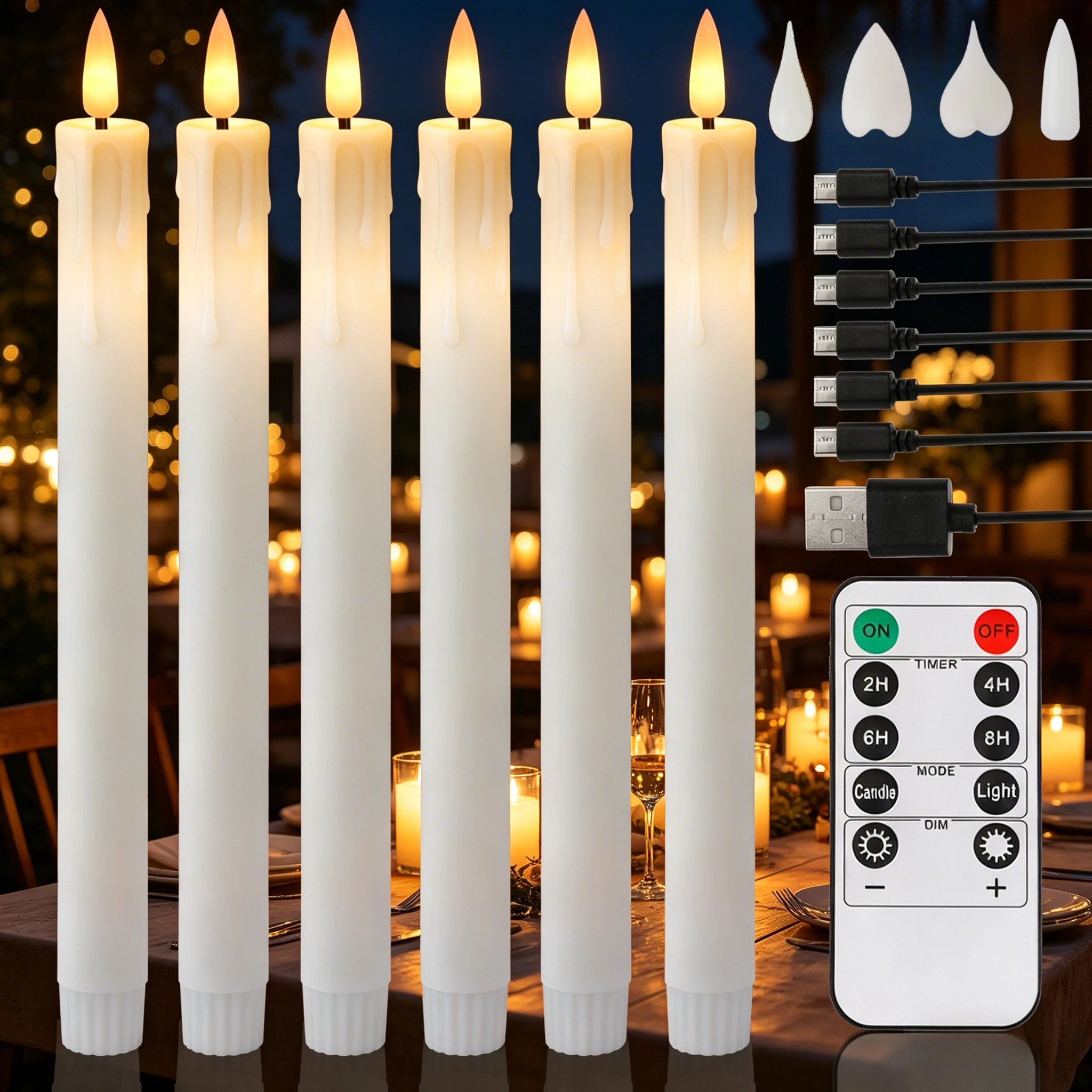 Rechargeable Flameless Timer Remote Taper Candles LED Flickering Dripping Wax Window Tall Candlesticks with USB Charging Cable