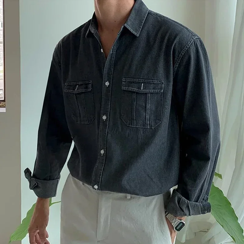 Autumn Men's Light Luxury Retro Popular Denim Shirt Leisure Long Sleeve Button-down Premium Solid Color Business Pocket Shirt