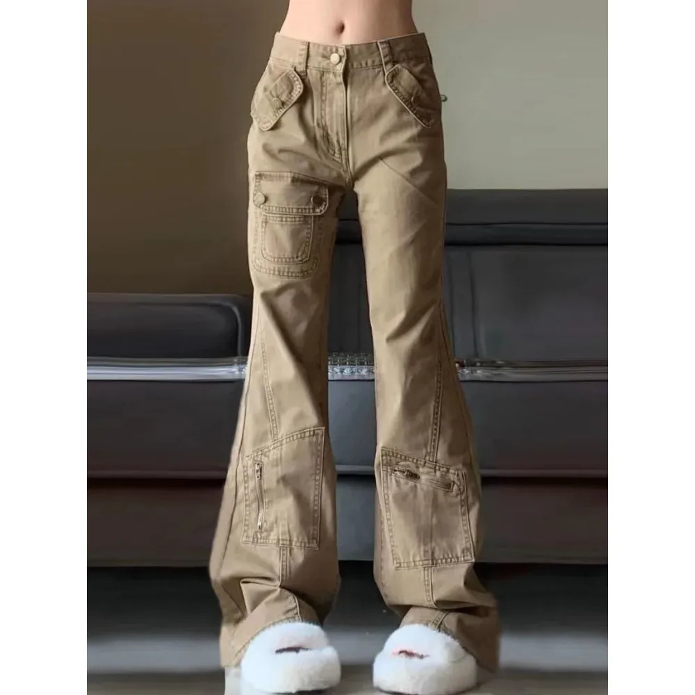 Khaki High Street Cargo Jeans Women's，Autumn Fashion Flared Casual Pants，Invisible Open Crotch Outdoor Sex，Women Secret Clothing