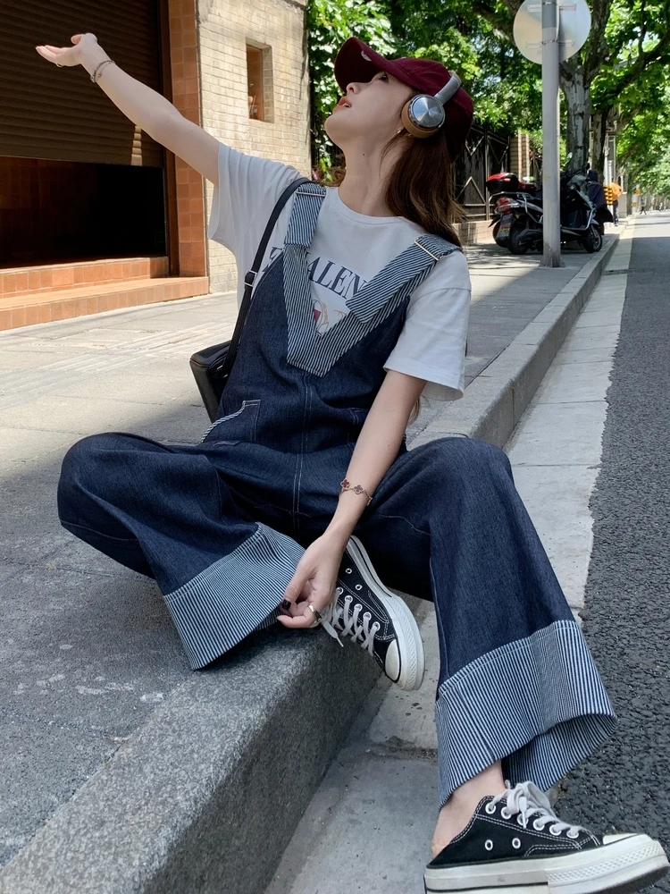Korean Sle Spliced Denim Overalls Women's Spring Autumn Winter Thin Wide Leg Jumpsuit High Waist Straight Leg Jeans