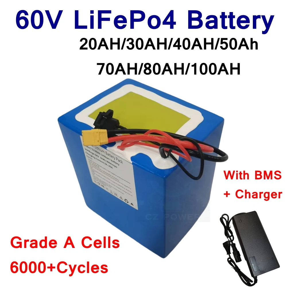 

Deep cycle 60V 60ah 50ah 100ah 20ah 30ah 40ah Lithium Lifepo4 battery +BMS for 2KW 3KW 5KW Electric bicycles, tricycles, motorc