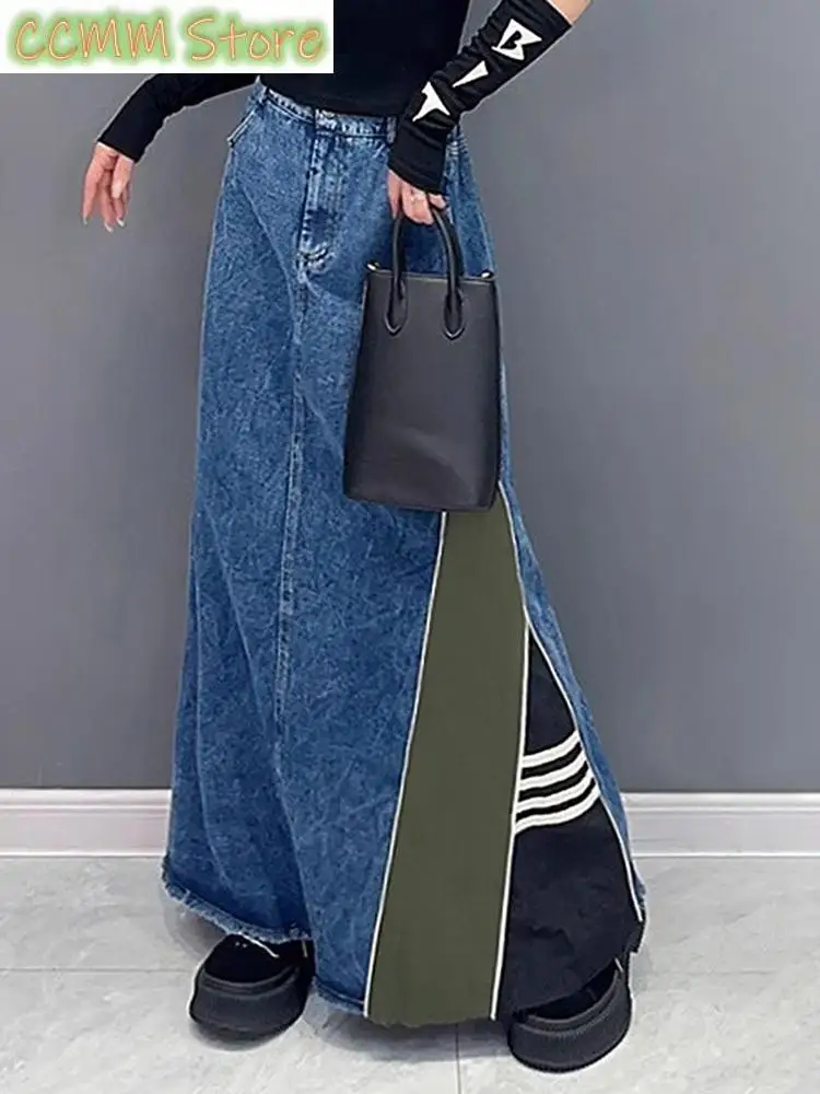 

High Waist Amry Green Color-block Denim Midi A-line Half-body Skirt Women Fashion Tide Spring Autumn