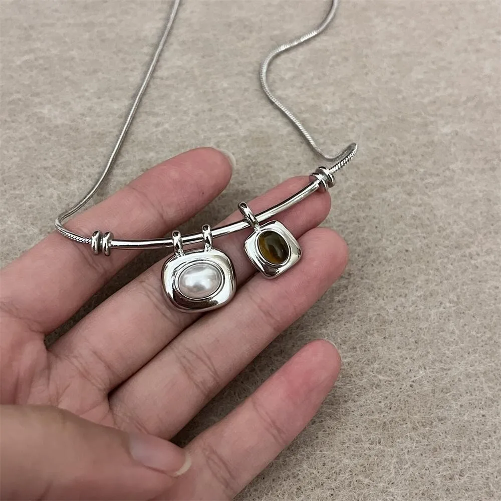 Geometric Tigereye Stone Pendant Necklaces Amber Color Silver Color Chain Choker Necklaces Asymmetry Style Imitation Pearl