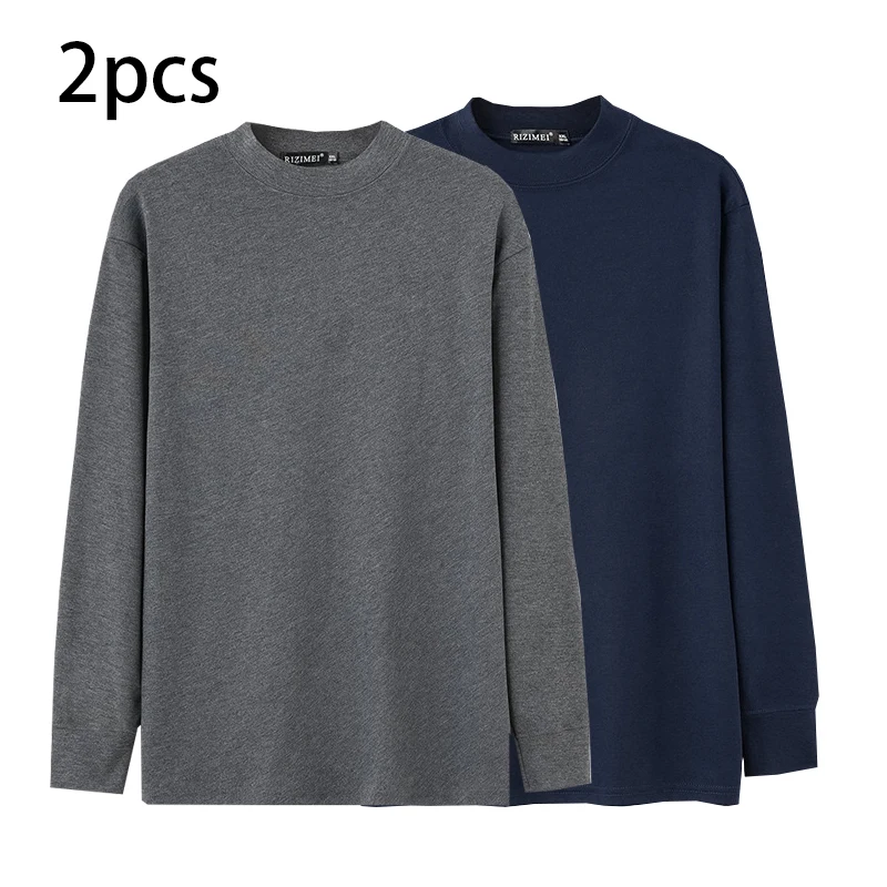 2pcs Men\'s Long-sleeved Thermal Underwear Men Half High Collar Solid Cotton Autumn Winter Round-Neck Autumn clothes Tops